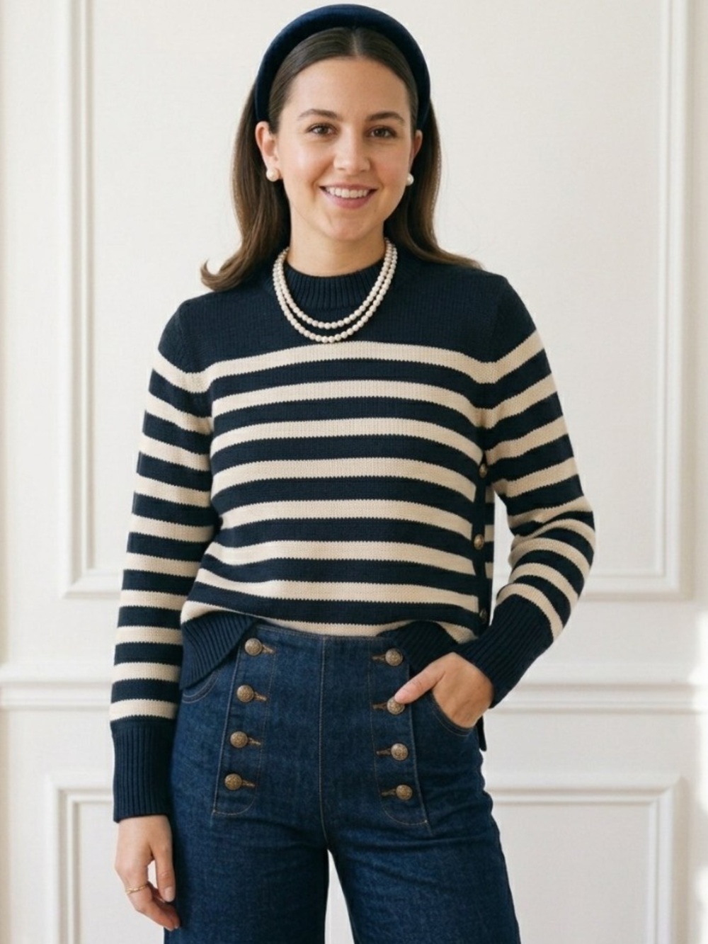 Tuckernuck Navy Ivory Striped Gold Button Sailor Sweater XS Preppy Coastal